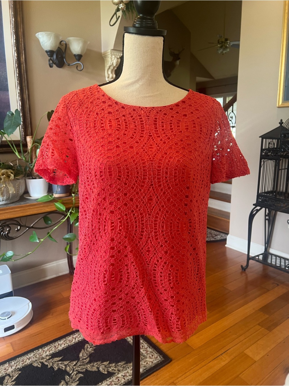 J. Crew Coral Red Crochet Short-Sleeve Top